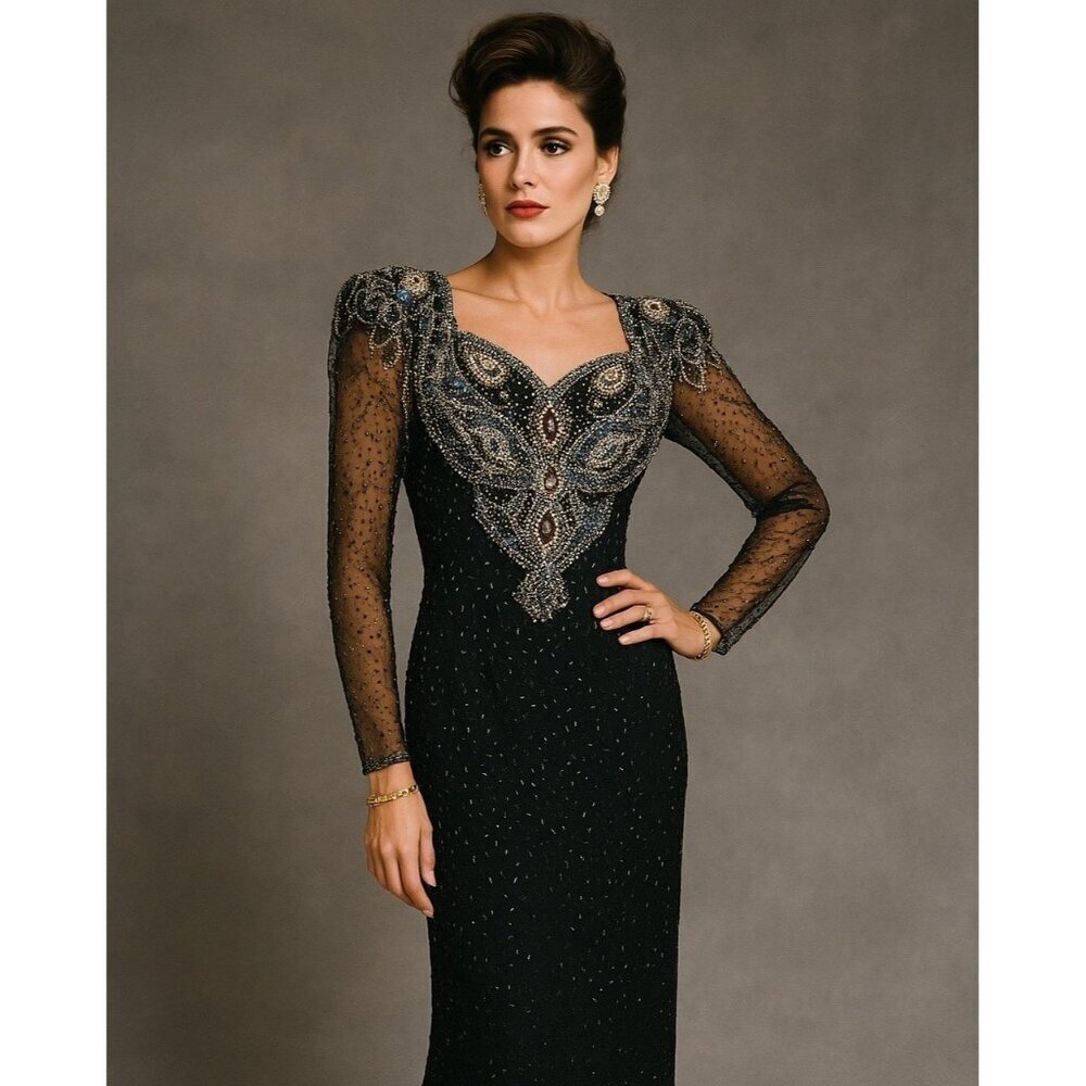 Vintage 1980s Beaded Evening Gown Sz Small Black Silk Sequin Low Back Maxi Dress